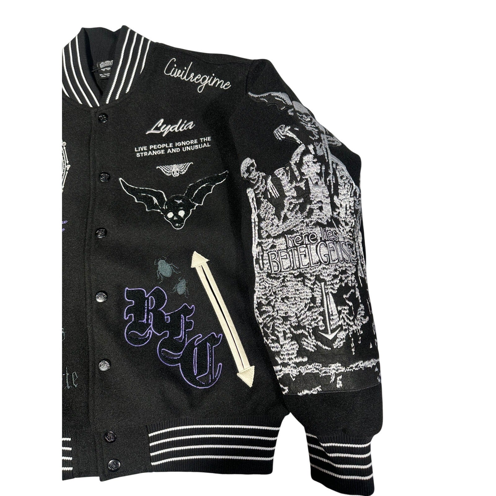 Civil Regime Varsity Jacket Black Silver Gothic Graphic Letterman NWT MEDIUM