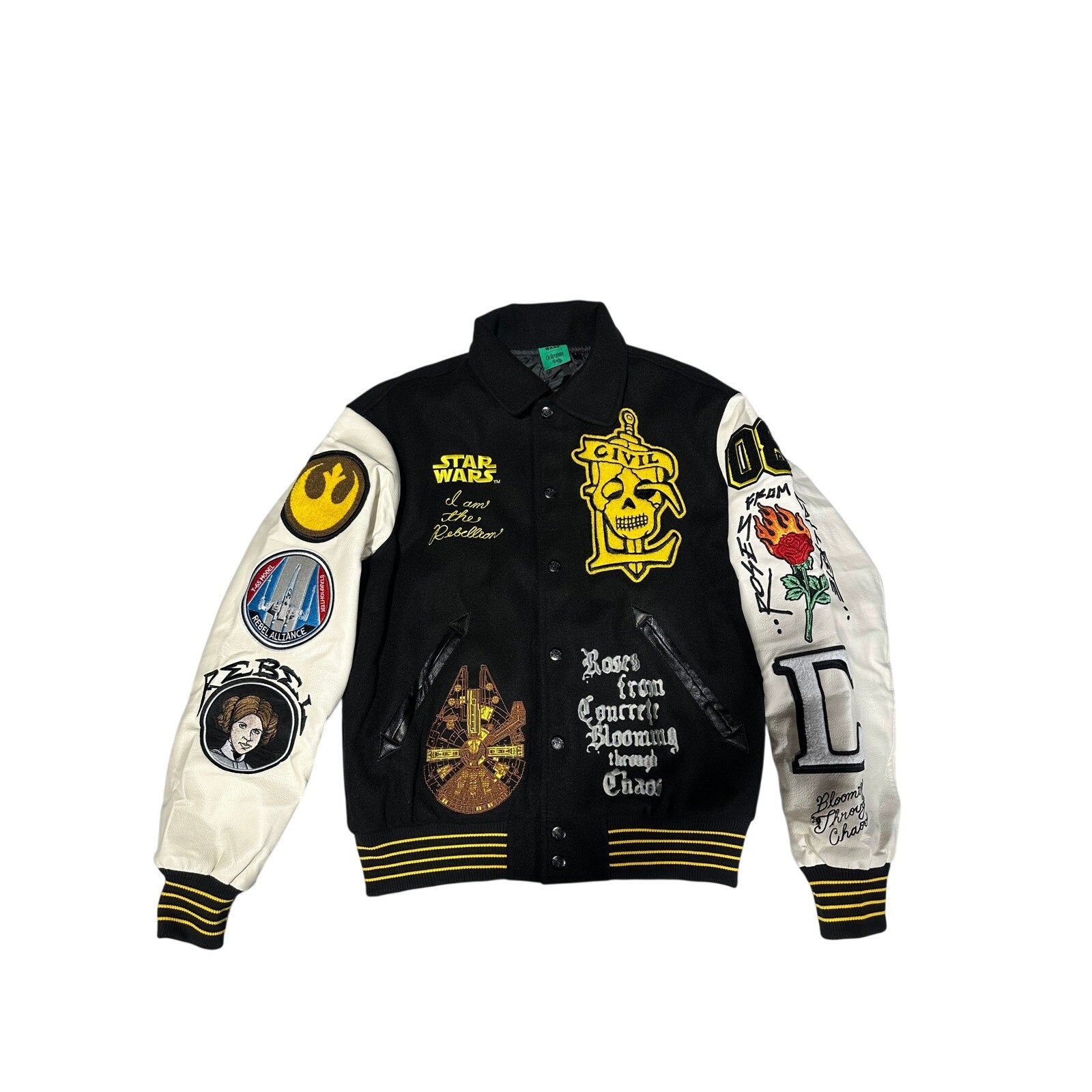 Civil Regime Varsity Jacket Black Cream Patchwork Letterman NWT LARGE