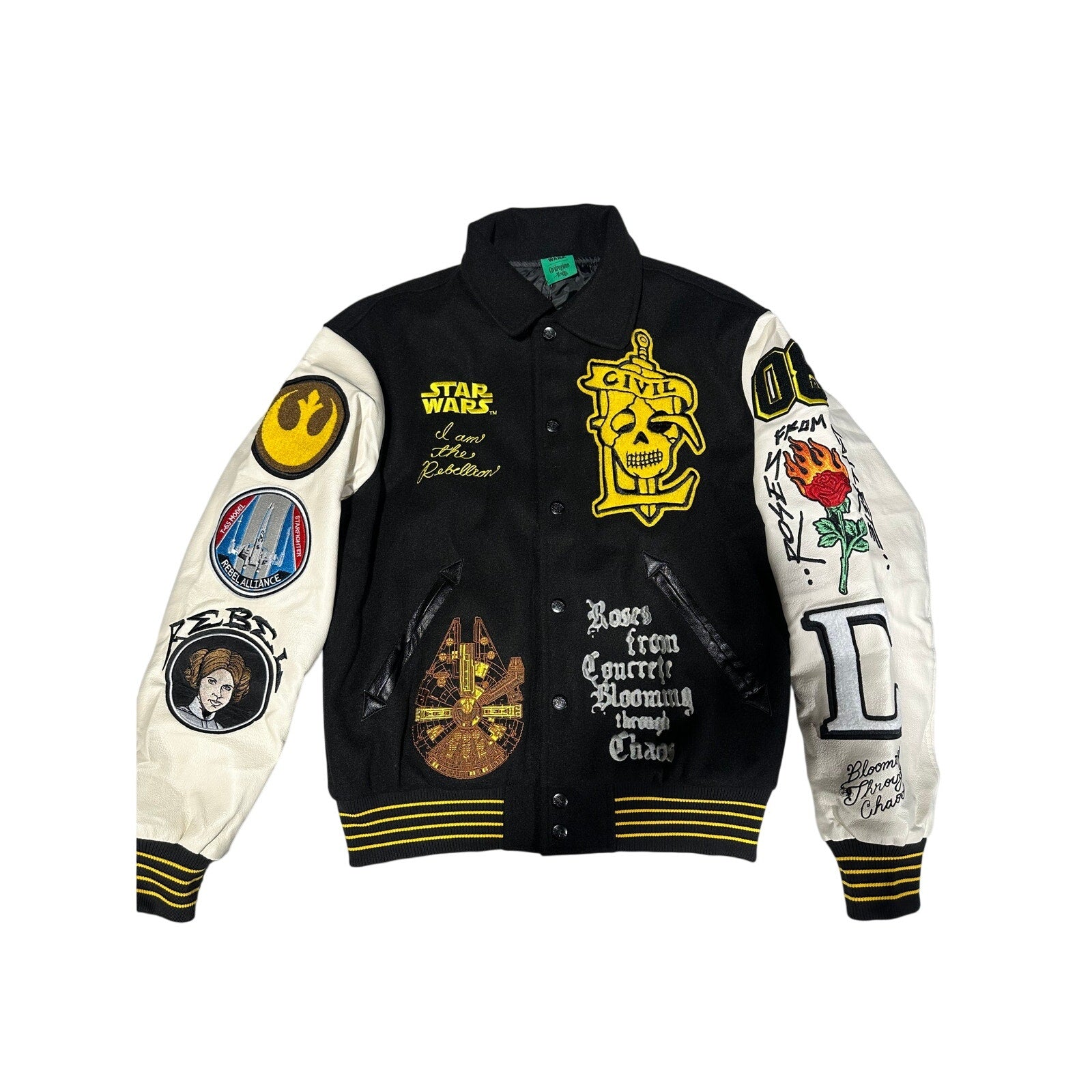Civil Regime Varsity Jacket Black Cream Patchwork Letterman NWT LARGE