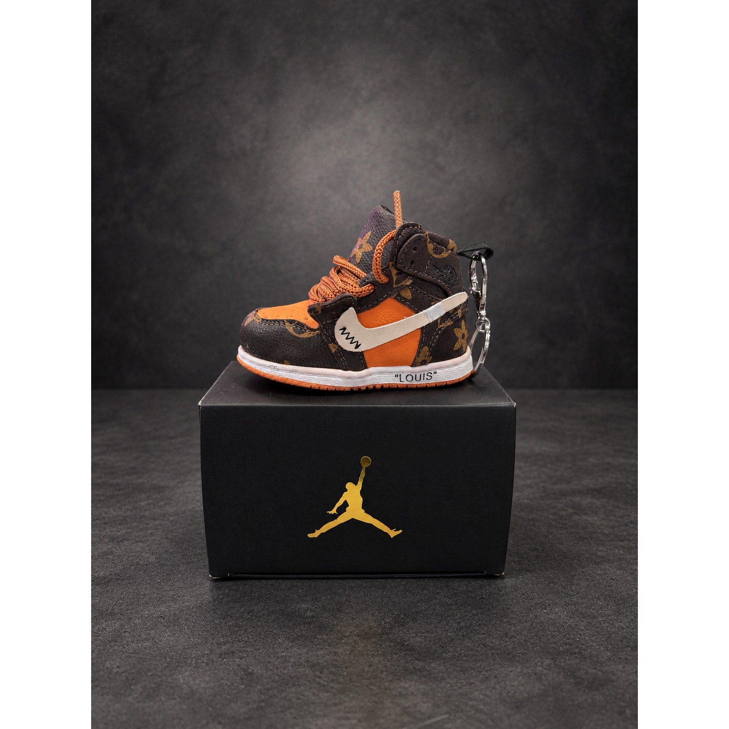 Mini High-Top Sneaker Keychain — Brown Monogram & Orange